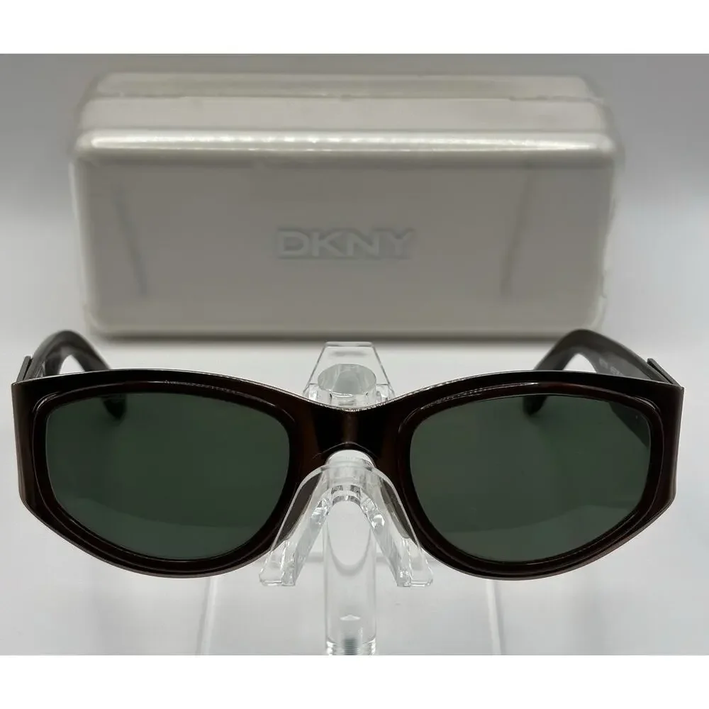 DKNY Westwood K01013 Sunglasses Brown Wrap Frame Green Lens Women’s Retro